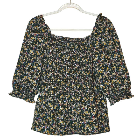 Max Studio Floral Peplum Top Blouse Smocked Blue Pink Yellow Boho Cottagecore L - Picture 1 of 12